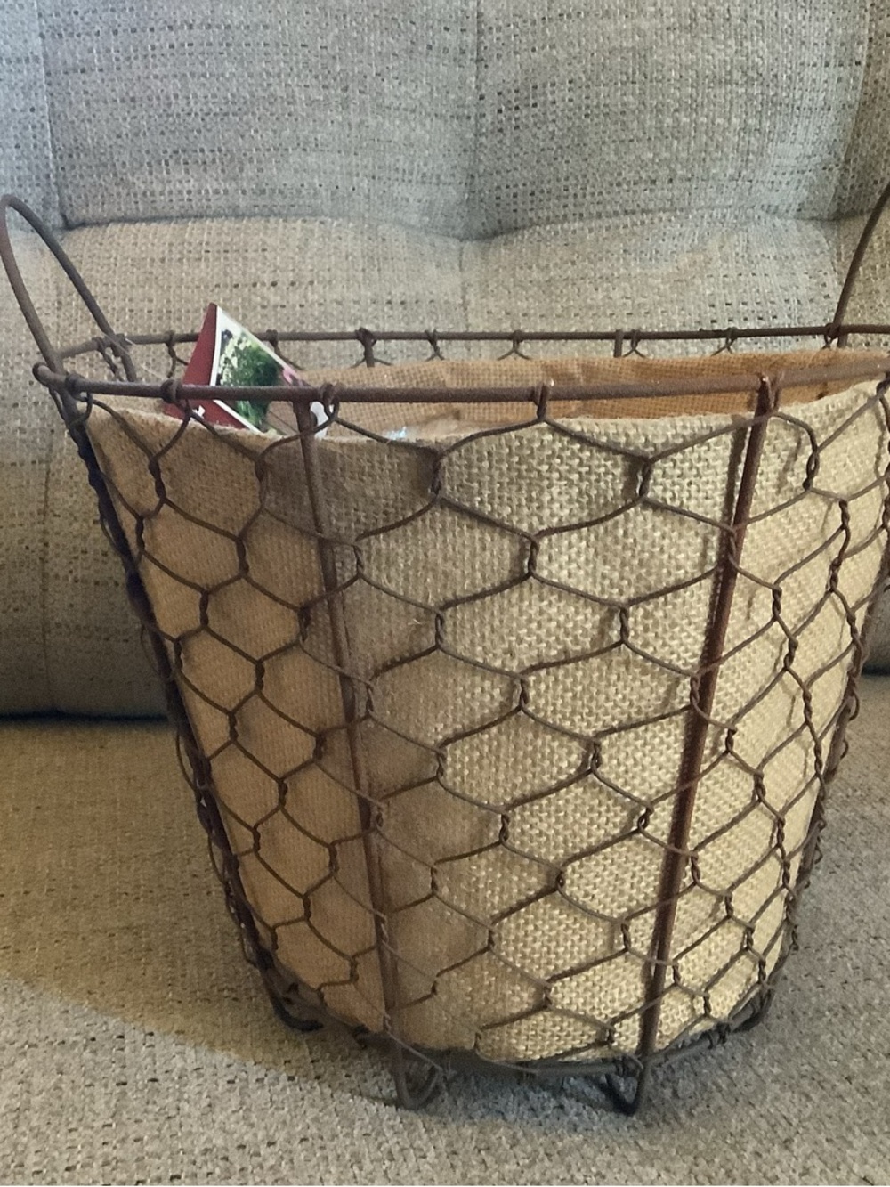 10-inch Rustic Farmhouse chicken wire bushel basket featuring a burlap liner New
